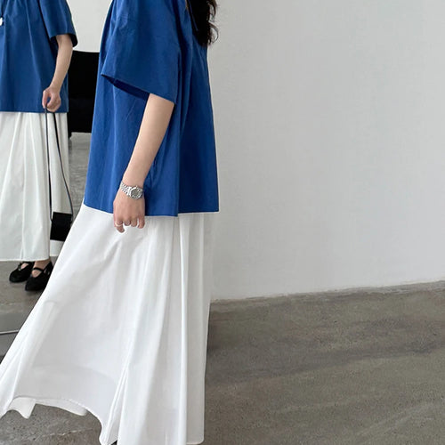 Load image into Gallery viewer, Women Blue Back Hollow Out Bandage Big Size  Blouse New Round Neck Short Sleeve Shirt Fashion Spring Summer 2025 1DJ1082
