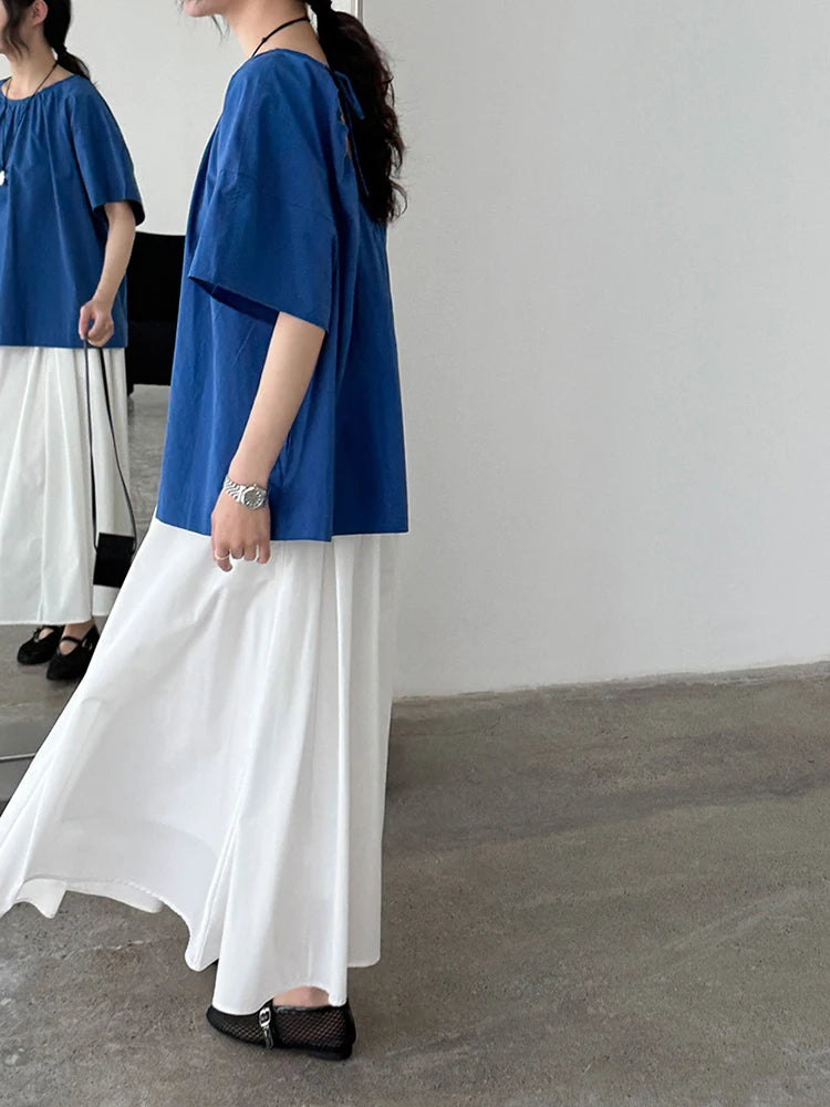 Women Blue Back Hollow Out Bandage Big Size  Blouse New Round Neck Short Sleeve Shirt Fashion Spring Summer 2025 1DJ1082