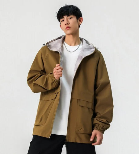 American Style Male Jackets Spring New Hooded Drawstring Reversible Jacket Solid Color Men's Coats Streetwear Spring 9W1240