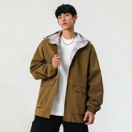 Load image into Gallery viewer, American Style Male Jackets Spring New Hooded Drawstring Reversible Jacket Solid Color Men&#39;s Coats Streetwear Spring 9W1240
