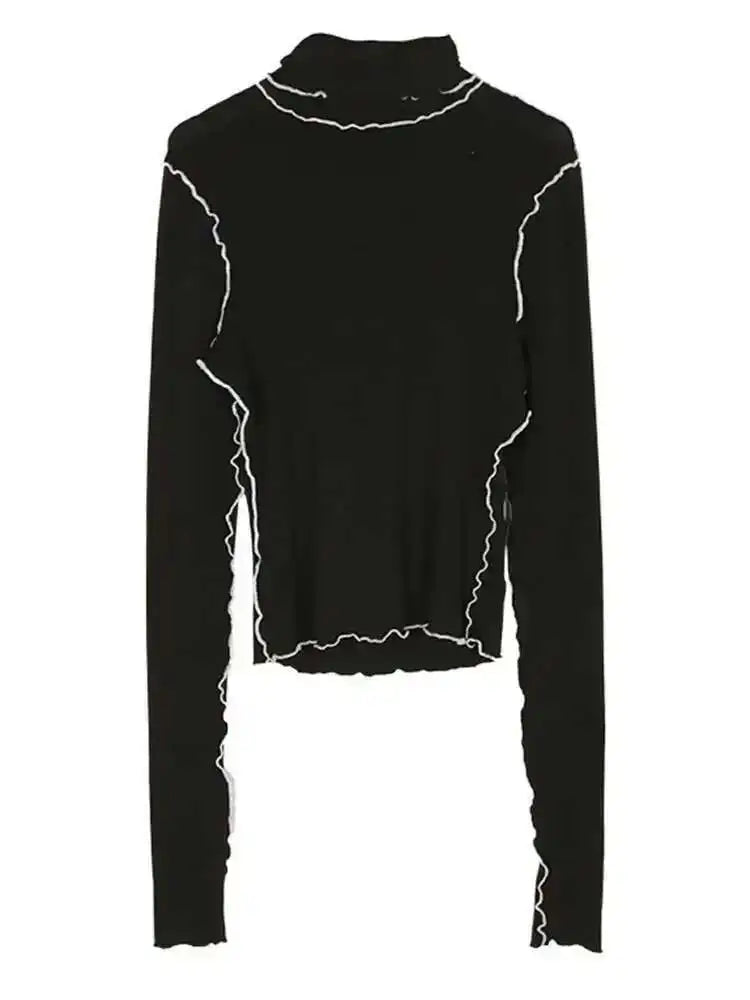 Women Black Topstitched Color-block High Elastic T-shirt New Turtleneck Long Sleeve Fashion Spring Autumn 2025 1DF4802