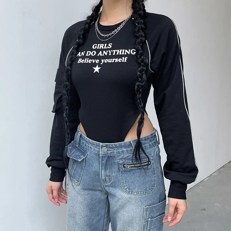 Streetwear Stripe Stitching Cargos Black Autumn Bodysuit Women Tops Fashion Elegant Bodies Pockets One Piece Jumpsuit