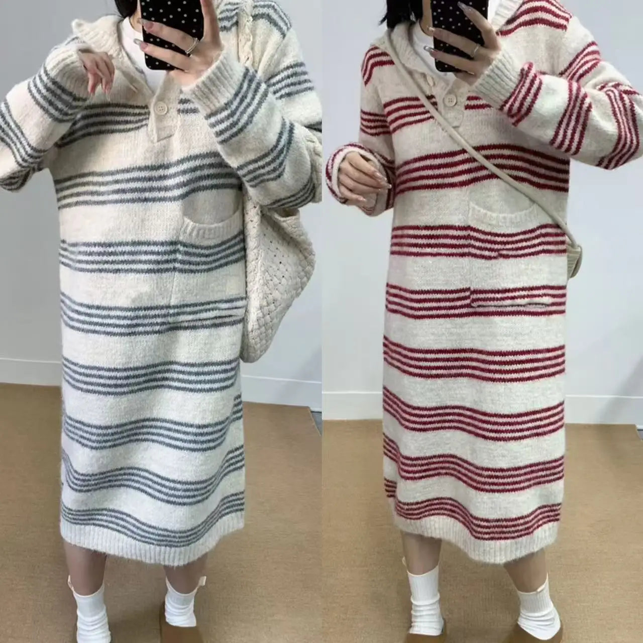 Autumn Winter Striped Hooded Long Sleeved Sweater Long Dresses Korean Fashion Women's Single Breasted Knitted Loose Dress Casual