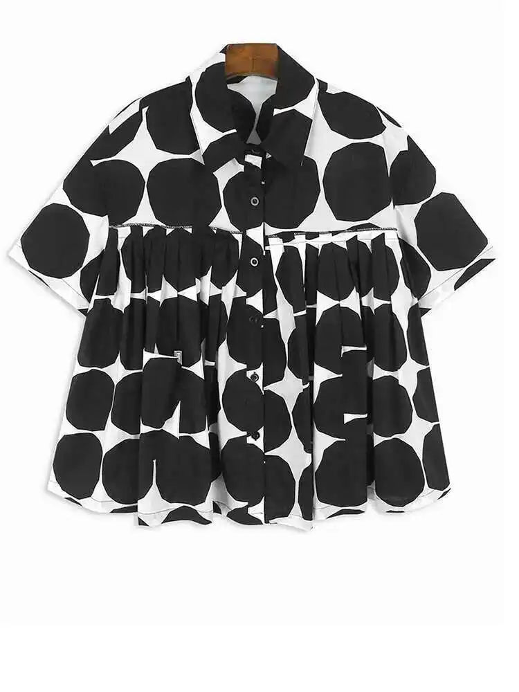 Women Black Dot Printed Pleated Big Size Blouse New Lapel Short Sleeve Shirt Fashion Tide Spring Summer 2025 1DH6763