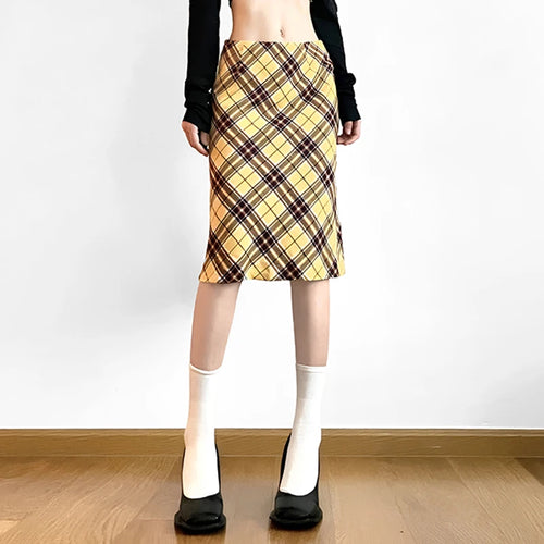 Load image into Gallery viewer, Elegant Vintage Yellow Plaid Skirt Women Low Rise Straight Checkered Harajuku Midi Skirt England Style Bottoms Korean
