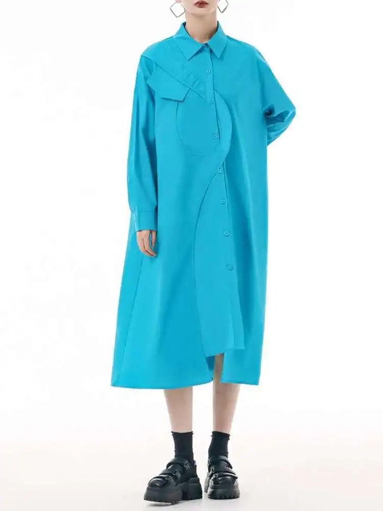 Women Purple Irregular Spliced Big Size Shirt Dress New Lapel Long Sleeve Loose Fit Fashion Spring Autumn 2025 1DH0654