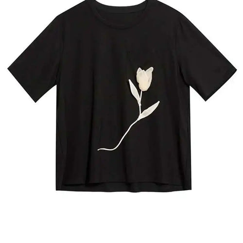 Load image into Gallery viewer, Women Black Flower Spliced Big Size Casual T-shirt New Round Neck Short Sleeve Fashion Tide Spring Summer 2025 1DH9832
