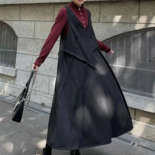 Load image into Gallery viewer, Women Black Irregular Spliced Big Size Long Strap Dress New V-Neck Sleeveless Fashion Tide Spring Autumn 2025 1DH7700
