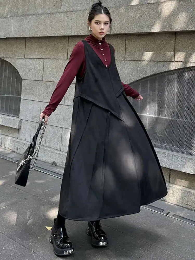 Women Black Irregular Spliced Big Size Long Strap Dress New V-Neck Sleeveless Fashion Tide Spring Autumn 2025 1DH7700