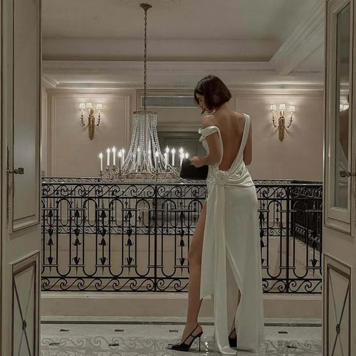 Load image into Gallery viewer, Satin Backless Sexy Maxi Dress For Women Elegant Rose Thigh High Split Beach Holiday Long Dress Gorgeous Club Gown
