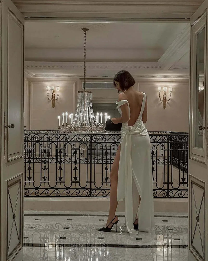 Satin Backless Sexy Maxi Dress For Women Elegant Rose Thigh High Split Beach Holiday Long Dress Gorgeous Club Gown