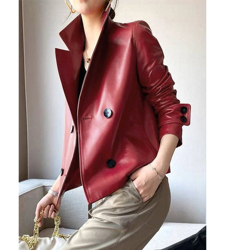 Autumn Winter Red Faux Leather Jackets Women 2024 New Outwear Long Sleeves PU Leather Short Coats Outwear for Female