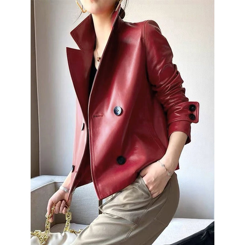 Autumn Winter Green Faux Leather Jackets Women 2024 New Outwear Long Sleeves PU Leather Short Coats Outwear for Female