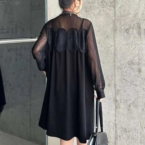 Load image into Gallery viewer, Women Black Mesh Lace Big Size Elegant Knee-Length Dress New Turtleneck Long Sleeve Fashion Spring Autumn 2025 1DH8734
