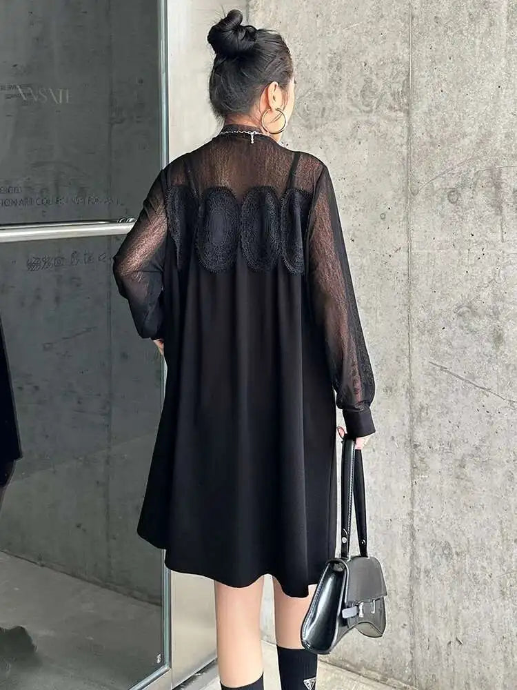 Women Black Mesh Lace Big Size Elegant Knee-Length Dress New Turtleneck Long Sleeve Fashion Spring Autumn 2025 1DH8734
