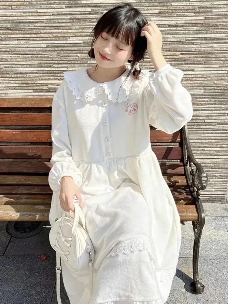 Sweet Kawaii Lolita School Dress Soft Girls Preppy Style Student Lace Cute Party Midi Dresses Autumn Winter