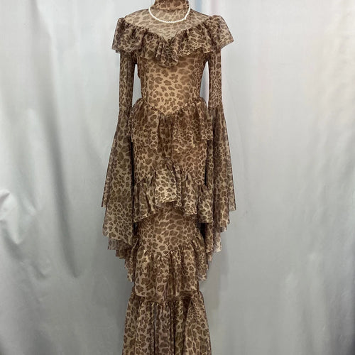 Load image into Gallery viewer, Leopard Slimming Spliced Ruffles Folds Sexy Dresses for Women High Neck Long Sleeves Sheer Elegant Dress Female New
