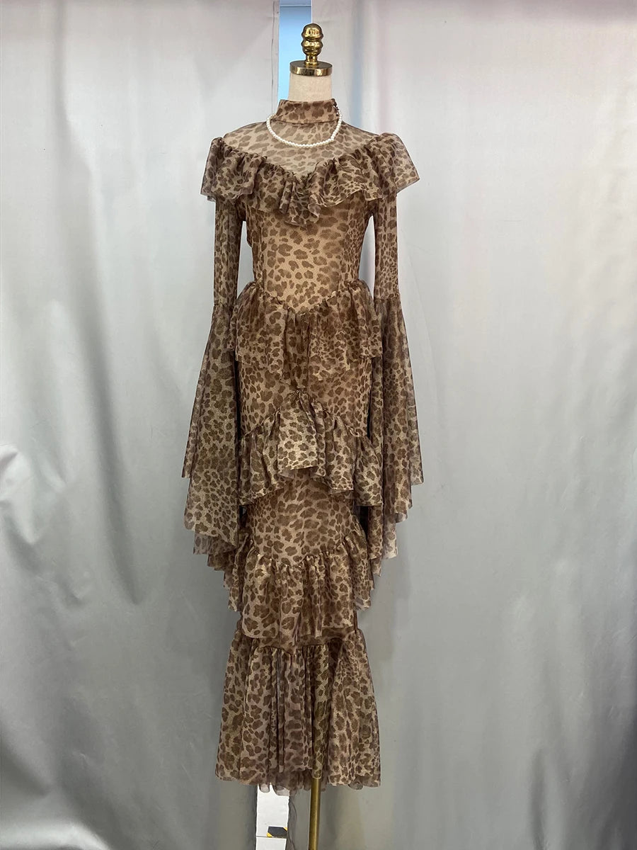 Leopard Slimming Spliced Ruffles Folds Sexy Dresses for Women High Neck Long Sleeves Sheer Elegant Dress Female New