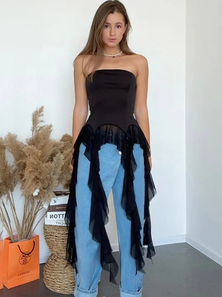 Summer Sexy Off-Shoulder Lace Women Crop Top 2025 Casual Strapless Halter Streetwear Fashion Club Party Lady Tank Top