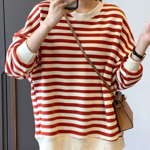 Load image into Gallery viewer, Spell Color Striped Loose Female Hoodies Chic Autumn Casual Office Lady O-neck Simple Pullover Fashion Women Sweatshirts
