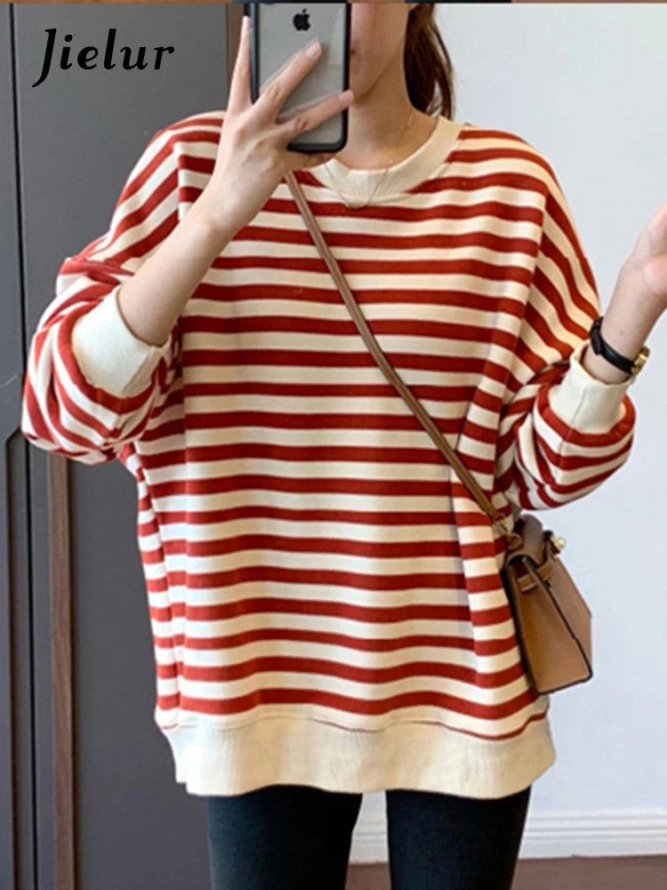 Spell Color Striped Loose Female Hoodies Chic Autumn Casual Office Lady O-neck Simple Pullover Fashion Women Sweatshirts