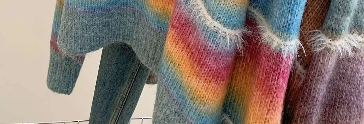 Autumn Winter Women's 2024 Rainbow Striped Pullover Knitwear Sweater Korean Fashion Ladies V Neck Long Sleeved Loose Tops Trendy