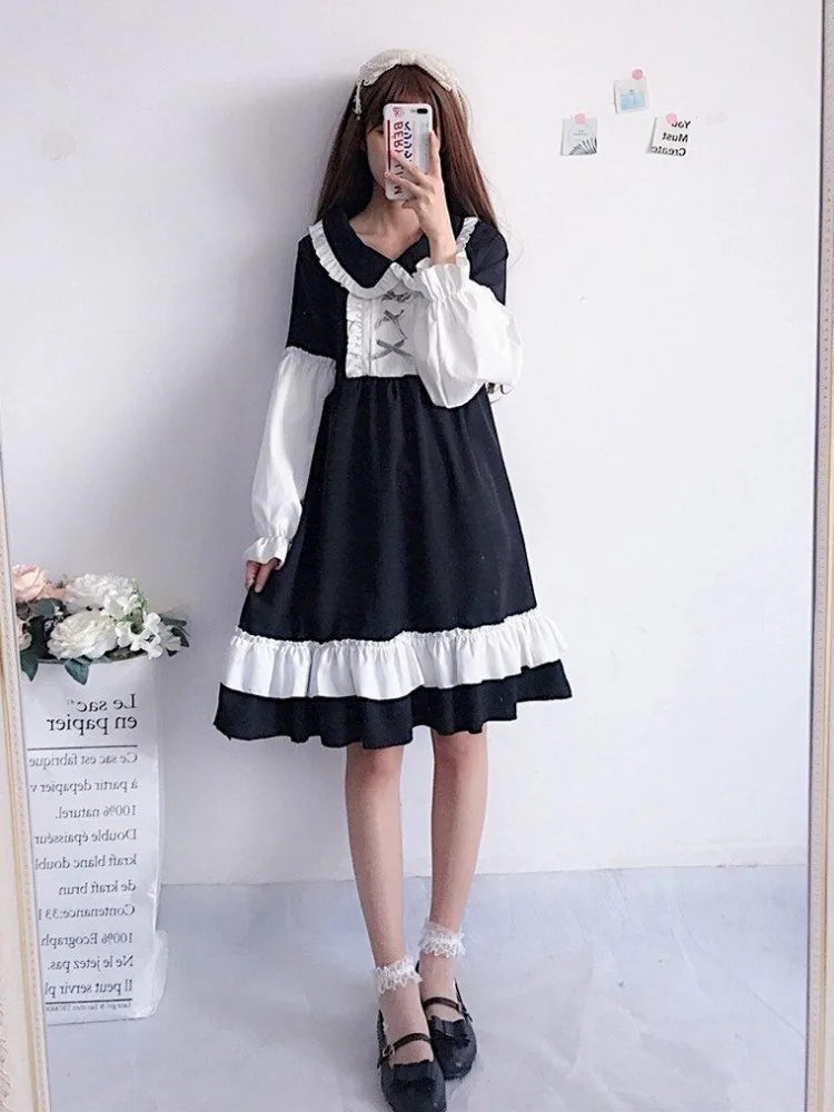 Kawaii Lolita Maid Dress Soft Girl Japanese Harajuku Peter Pan Collar Ruffles Party Long Sleeve Dresses Autumn Winter