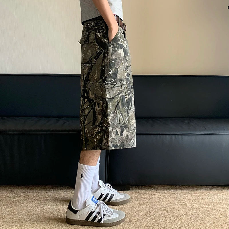 American Style Camouflage Workwear Cropped Pants Summer New Leg Length Loose Contrast Color Male Trousers 24E1040