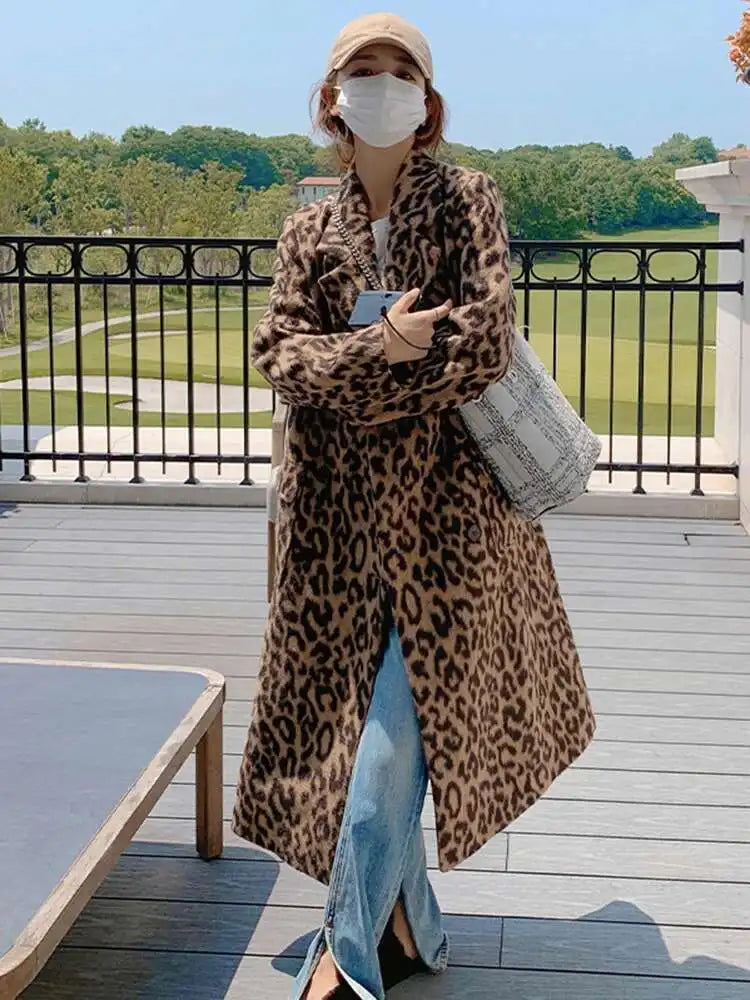 Leopard Print Thick Big Size Long Woolen Coat New Lapel Long Sleeve Women Jacket Fashion Tide Autumn Winter 2025 1DH8599