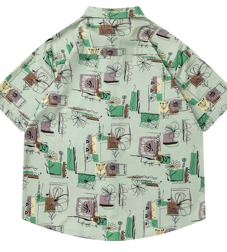 Summer Hawaiian Shirt Harajuku Graffiti Graphic Printed Button Up Beach Blouse Men Hip Hop Casual Baggy Short Sleeve Shirts Tops