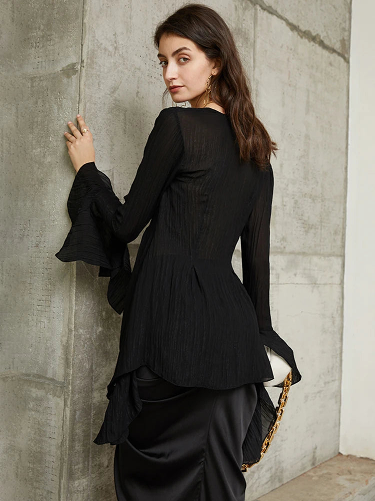 Black Sexy Shirt Female V Neck Flare Sleeve Slim Solid Patchwork Mesh Hem Elegant Blouses Fashion Women Blouses