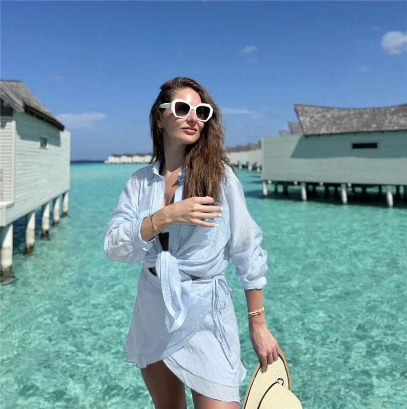 Summer Beach Two Piece Sets Women Long Sleeve Shirt And Mini Skirt Female See Through Loose 2 Piece Set Beachwear