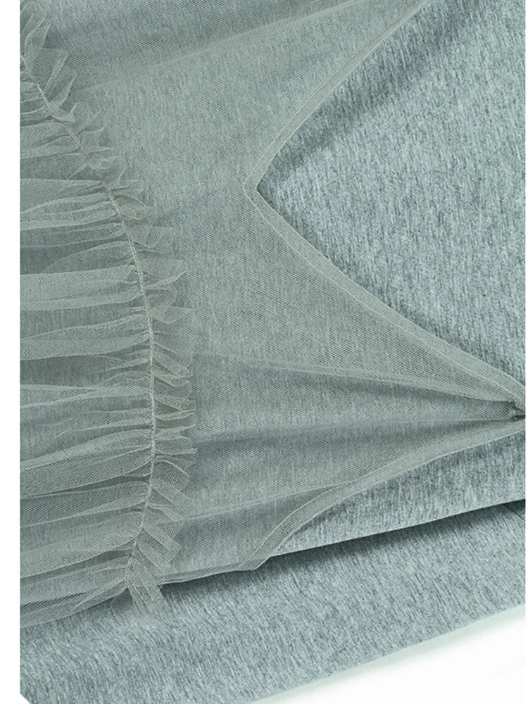 Women Gray Mesh Spliced Big Size Casual T-shirt New Round Neck Long Sleeve Fashion Tide Spring Autumn 2025 1DH7244