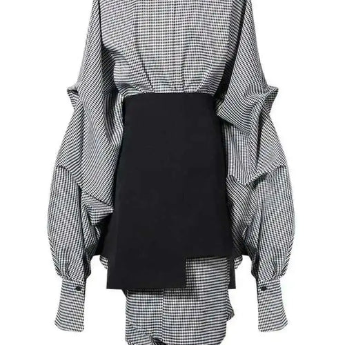 Load image into Gallery viewer, Women Black Plaid Irregular Stitch Big Size Dress New V-Neck Long Sleeve Loose Fit Fashion Tide Spring Autumn 2025 JG892
