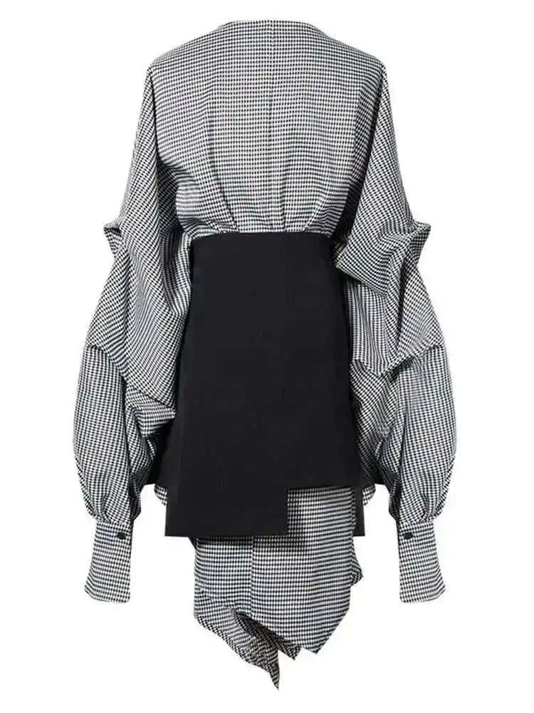 Women Black Plaid Irregular Stitch Big Size Dress New V-Neck Long Sleeve Loose Fit Fashion Tide Spring Autumn 2025 JG892