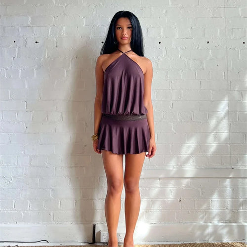 Load image into Gallery viewer, Halter Backless Sexy Mini Dress Women Robe Fashion Summer New Lace Patchwork Sleeveless Pleated Ruffled Club Dress
