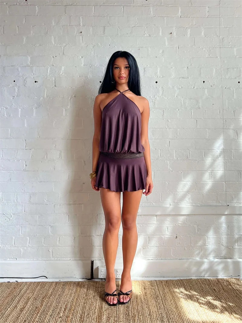 Halter Backless Sexy Mini Dress Women Robe Fashion Summer New Lace Patchwork Sleeveless Pleated Ruffled Club Dress