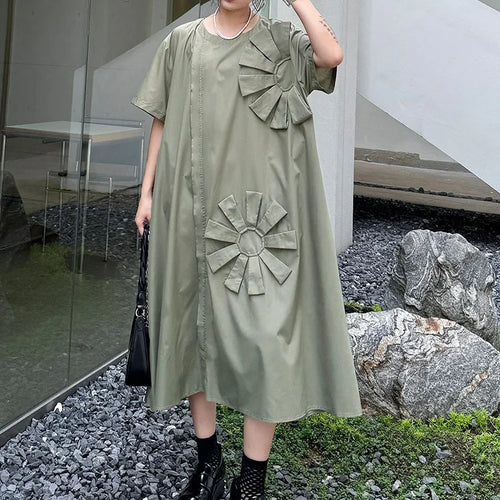 Load image into Gallery viewer, Women Green Flower Spliced Big Size Shirt Dress New Round Neck Short Sleeve Fashion Tide Spring Autumn 2025 1DH9678
