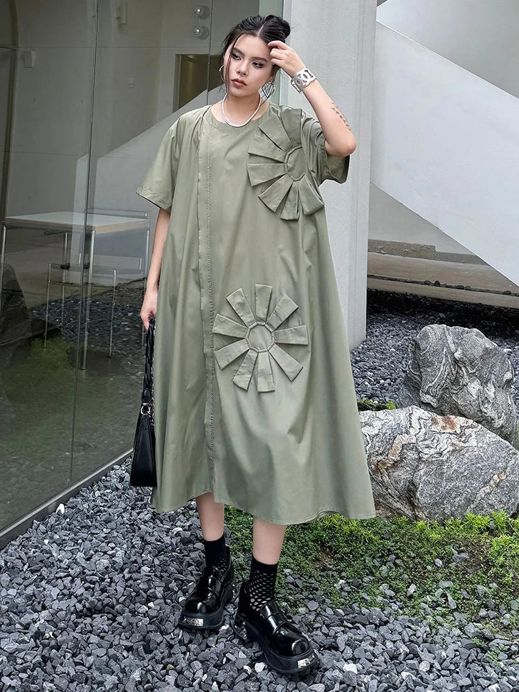Women Green Flower Spliced Big Size Shirt Dress New Round Neck Short Sleeve Fashion Tide Spring Autumn 2025 1DH9678