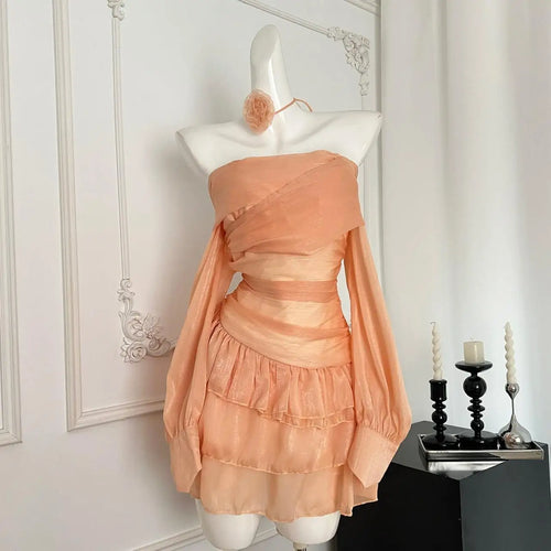 Load image into Gallery viewer, Vintage Women's Autumn Orange Off Shoulder Long Sleeved Short Dress French Fashion Sexy Club High Waist Ruffles Mini Dress Trend
