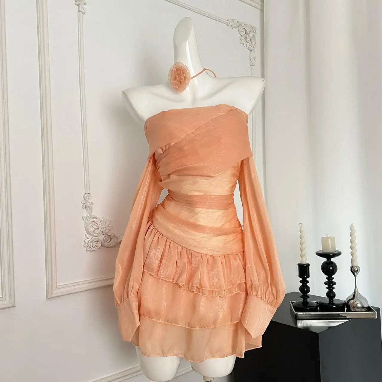 Vintage Women's Autumn Orange Off Shoulder Long Sleeved Short Dress French Fashion Sexy Club High Waist Ruffles Mini Dress Trend