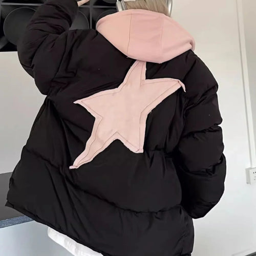 Load image into Gallery viewer, Winter Retro Thick Black Patchwork Jacket Korean Clothes Women Long Sleeves Hooded Cotton Parkas Ladies Zipper Coat Streetwear
