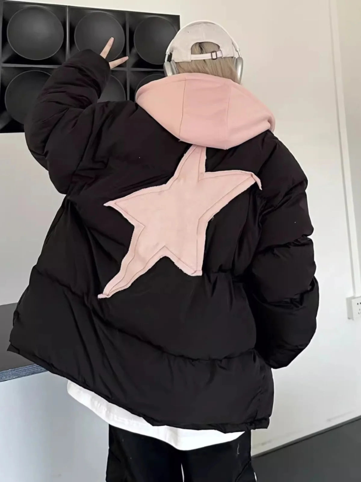 Winter Retro Thick Black Patchwork Jacket Korean Clothes Women Long Sleeves Hooded Cotton Parkas Ladies Zipper Coat Streetwear