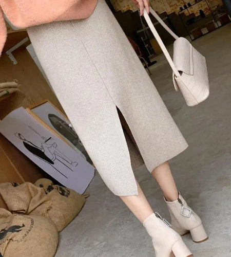 Korean Version Black Elegant Office Ladies Knitted Long Skirt Women Autumn Winter Beige High Waist Split Half Skirts Fashion New