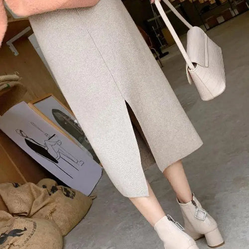Load image into Gallery viewer, Korean Version Black Elegant Office Ladies Knitted Long Skirt Women Autumn Winter Beige High Waist Split Half Skirts Fashion New
