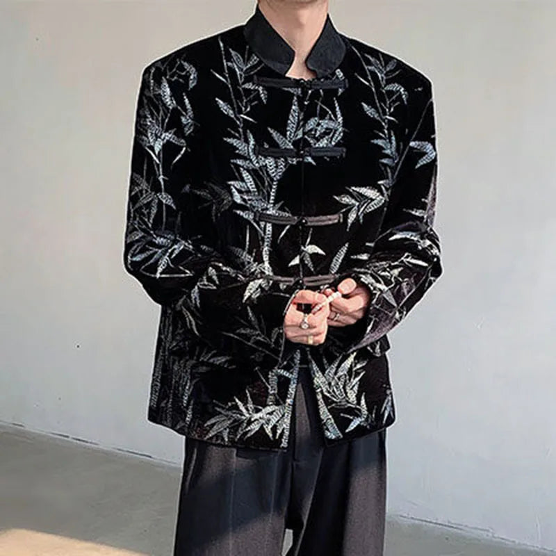Men's Suit Coat New Spring  Embroidered Bamboo Design Leaf Chinese Style Knot Button Single Breasted Male Clothing 9W1698
