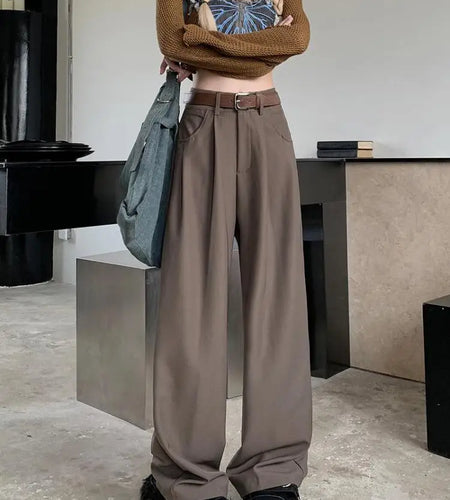 Fashion High Waist With Belt Suit Long Pants Women 2023 Spring Autumn Casual Loose Solid Straight Trouser Female Streetwear Chic