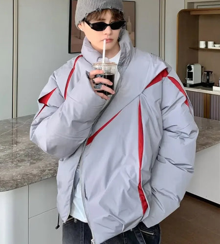 Men wear Pleated padded jacket stand collar Diagonal zipper design 2024 winter contrast color male cotton jackets 9C8905