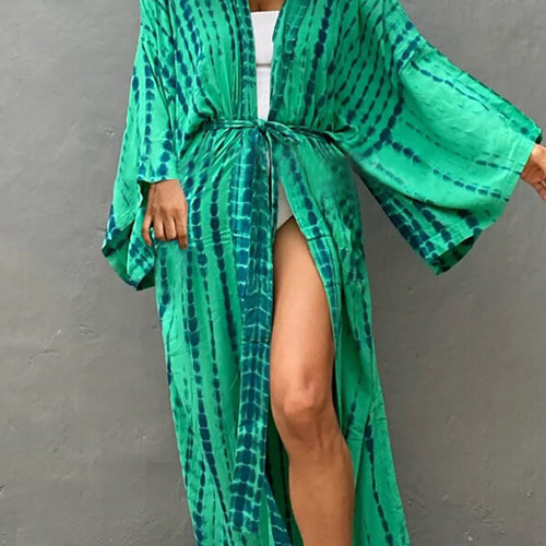 Load image into Gallery viewer, 11 Colors Printed Long Sleeve With Belt Tunic Beach Cover Up Cover-ups Beach Dress Beach Wear Beachwear Female Women V4521
