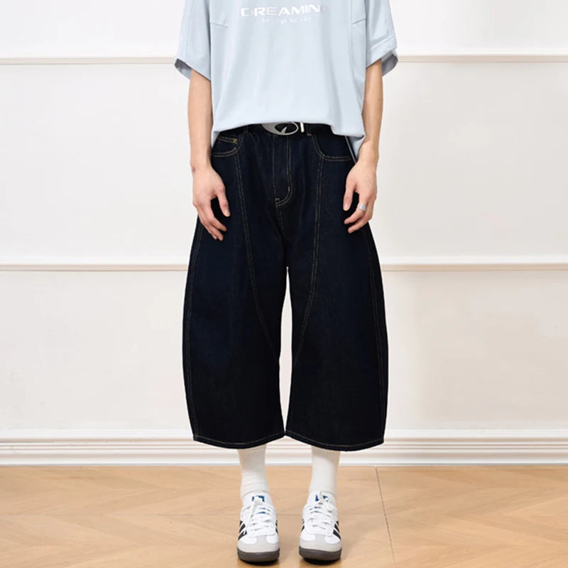 Men's Denim Shorts New  American Style Washed Curved Knife Trendy Line Design Male Solid Color Fashion Clothing 9W1909